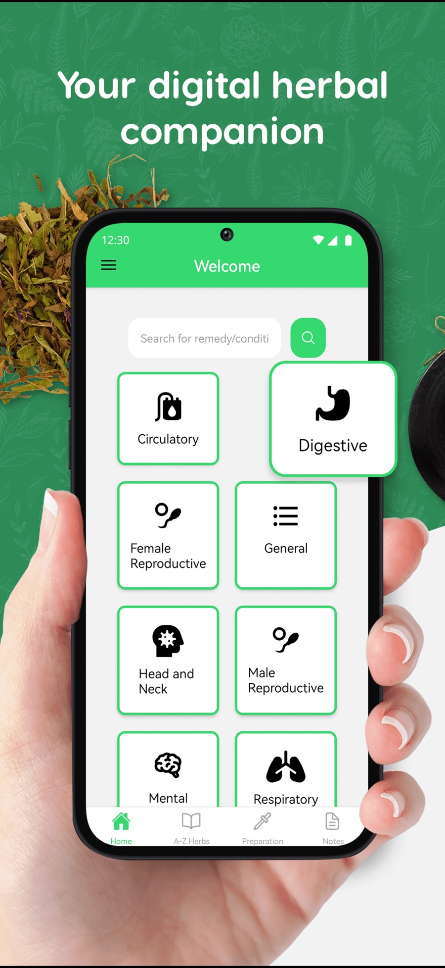 Herb Mate home screen held in one hand, showing a remedy search box above tiles for body systems: Circulatory, Digestive, Female Reproductive, General, Head and Neck, Male Reproductive, Mental and Respiratory.