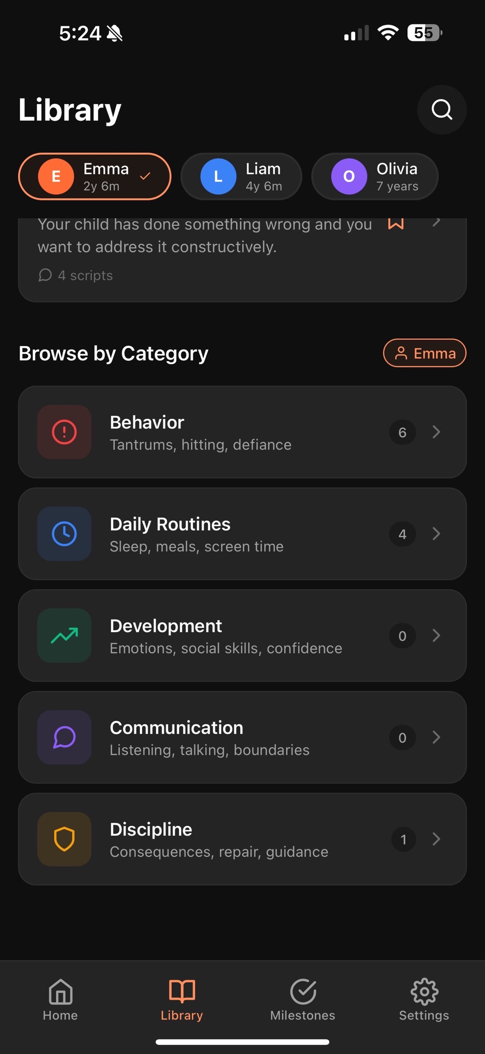 The Library tab browsing by category, listing Behavior with six guides on tantrums, hitting and defiance, Daily Routines with four on sleep, meals and screen time, plus Development, Communication and Discipline categories, all filtered for the selected child.