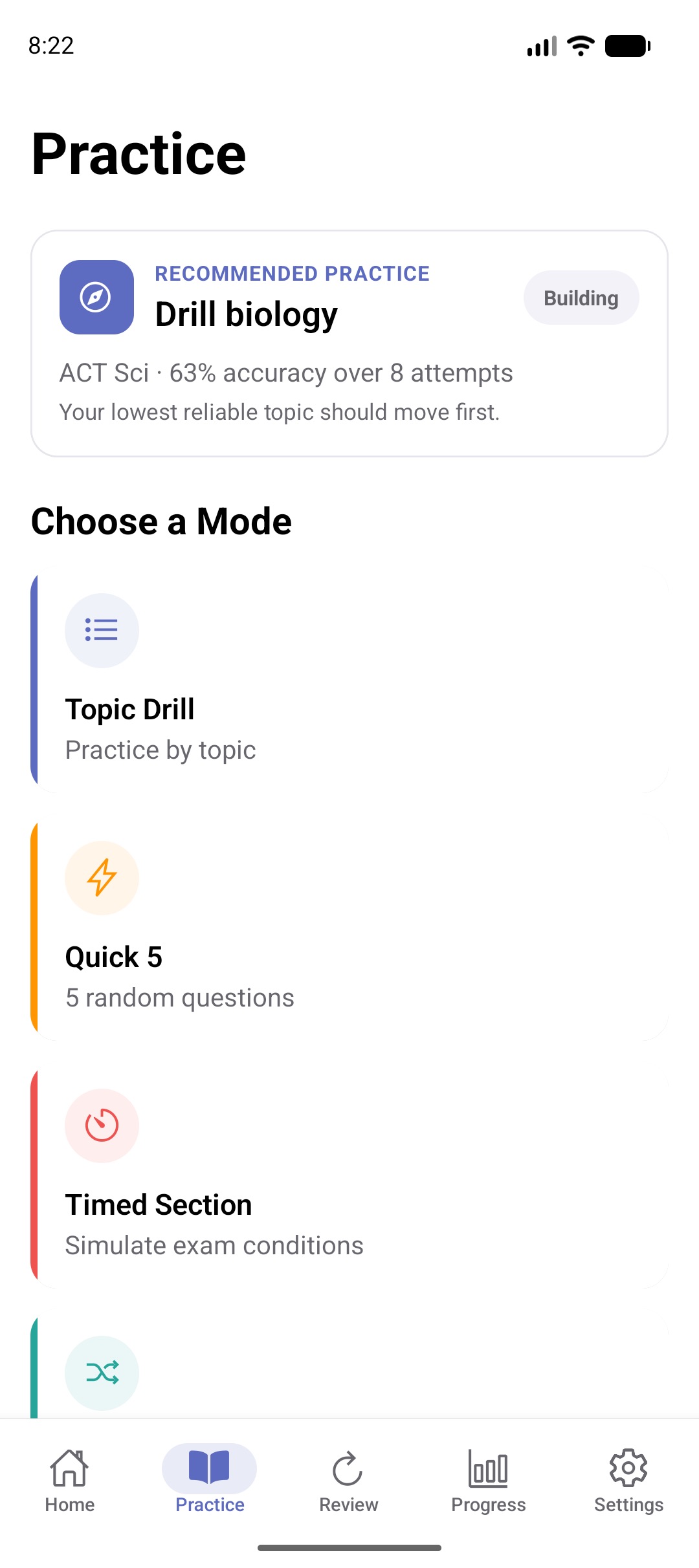 The ScoreMint practice screen listing study modes as colour-coded rows: Topic Drill for practising by topic, Quick 5 for five random questions, and Timed Section for simulating exam conditions.