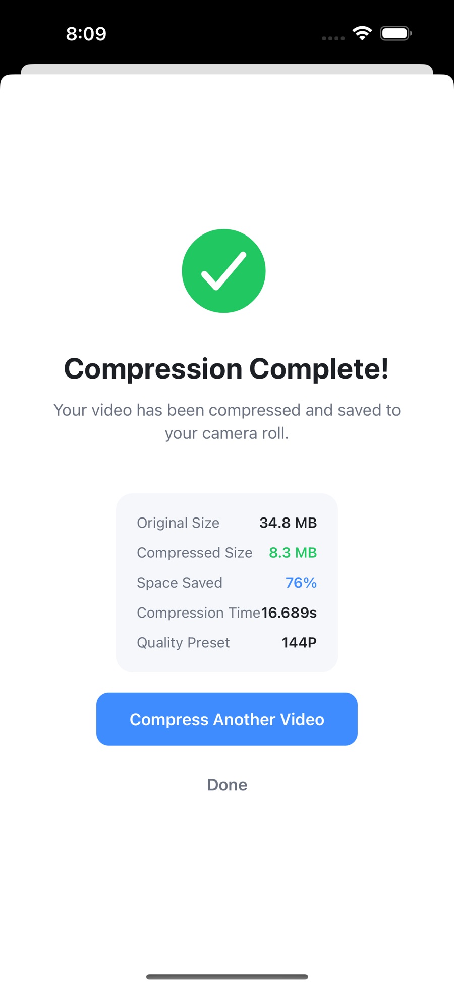 The Compression Complete screen in ShrinkIt: an original of 34.8 MB reduced to 8.3 MB, 76% space saved, 16.689 seconds of compression time and a 144P quality preset.