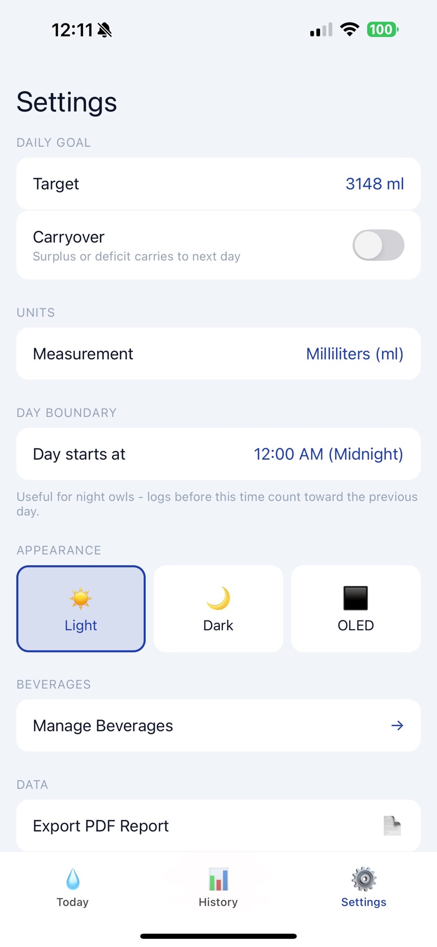 Brimful's Settings screen with a 3148 ml daily target, a carryover toggle for surplus or deficit, millilitres selected as the unit, a midnight day boundary for night owls, Light, Dark and OLED appearance options, Manage Beverages, and an Export PDF Report row.
